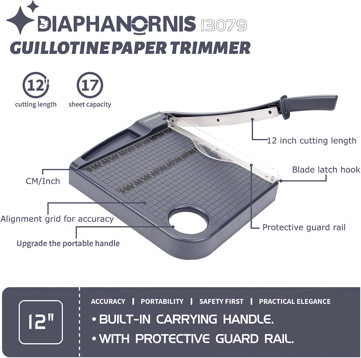 12" Paper Cutter, Precision Cut with Safety Protection and Blade Lock, 12 Sheets Capacity, Great for Cardstock, Cardboard, Photo, Vinyl, Crafts, Scrapbook (Grey)