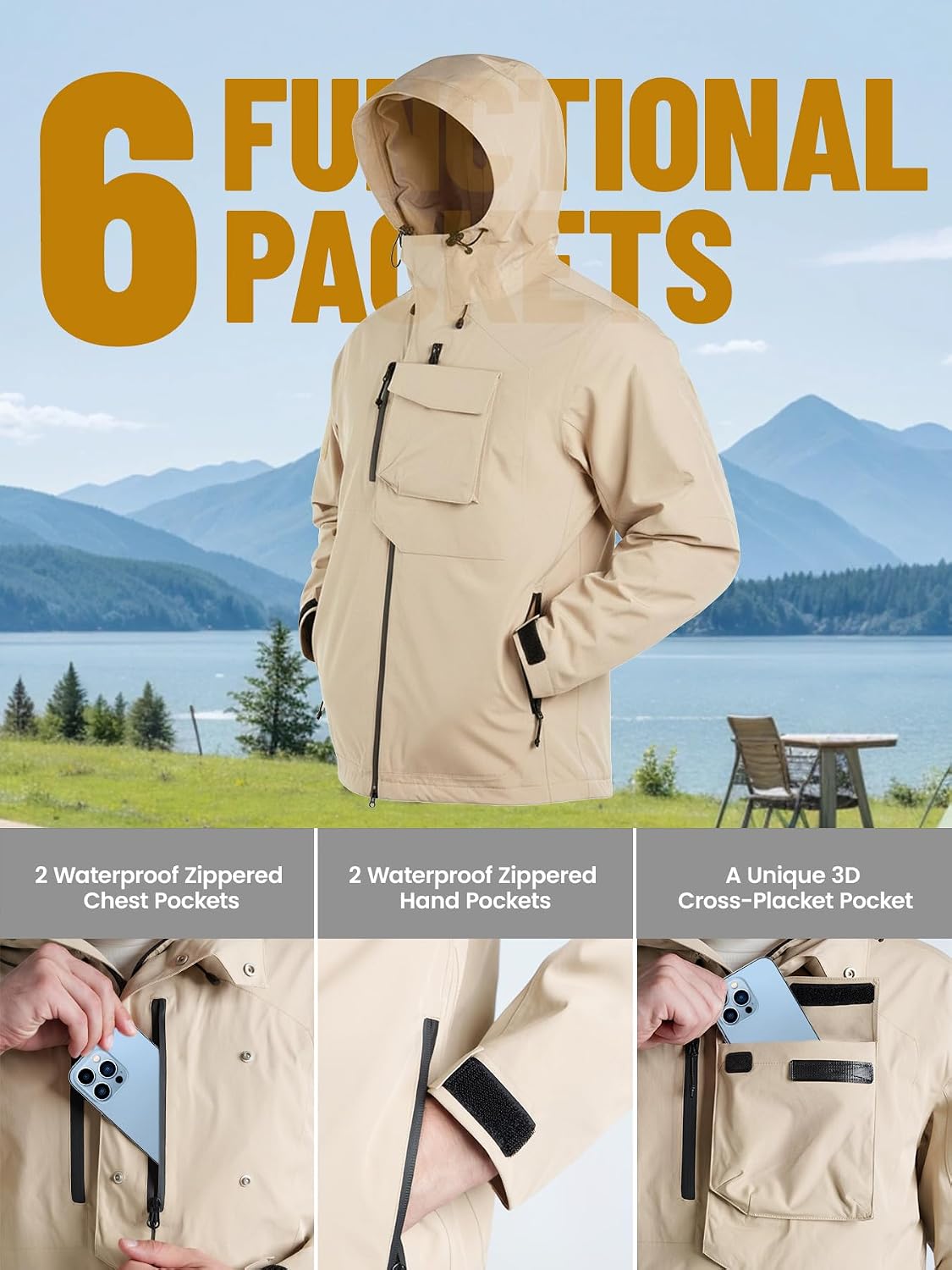 Men's Waterproof Tactical Jacket Lightweight Hooded Raincoat Stain Resistant Breathable Outdoor Shell