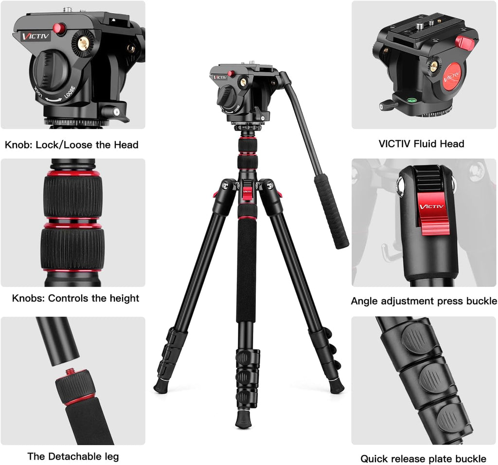 Victiv Video Tripod, 72" Heavy Duty Fluid Head Camera Tripod with Carry Bag