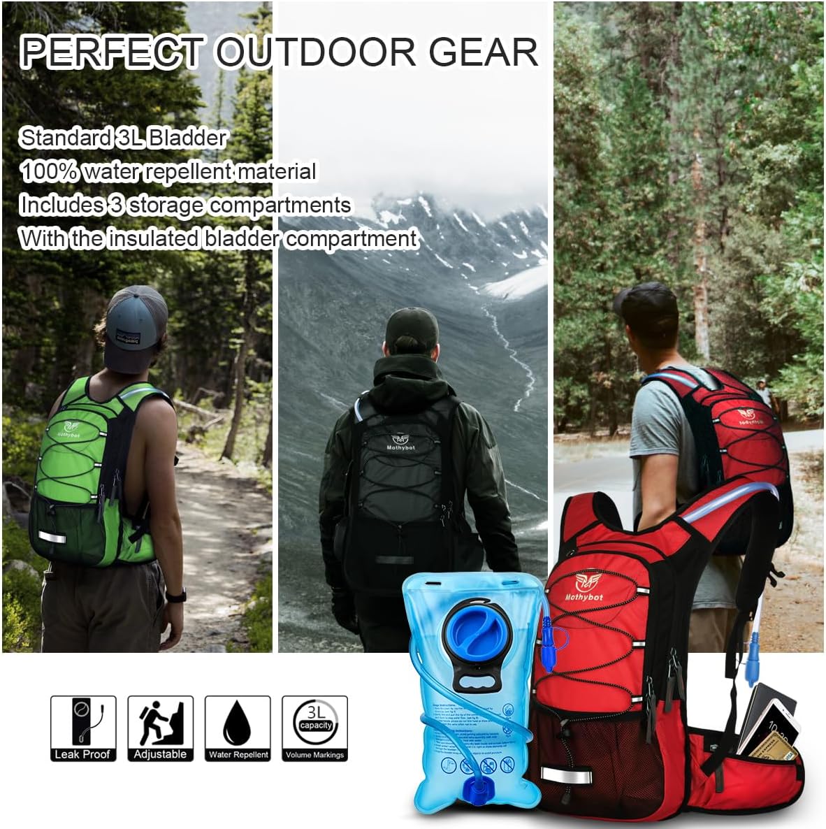 Mothybot Insulated Hydration Backpack Pack with 3L BPA Free Leak Proof Water Bladder, Large Storage Lightweight Hiking Daypack with Waist Pouches & Cooler Layer, for Running, Biking, Camping, Festival