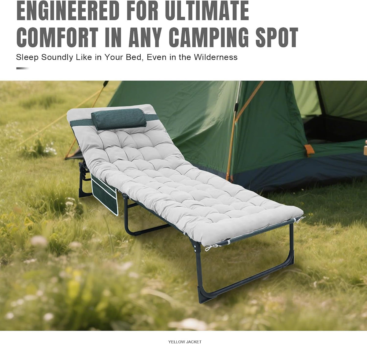 YELLOW JACKET Folding Sleeping Cot, Camping Cot with Mattress for Adults 450lbs Max Load, Portable Camping Cot with Pillow, Adjustable 5-Position Cot for Camping, Home,Office,Travel