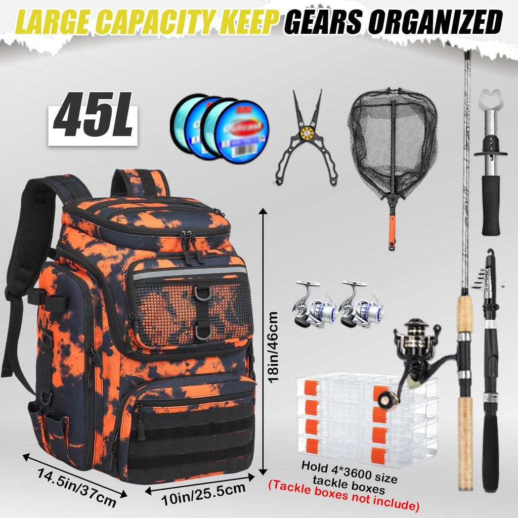 HAMBOLY 45L Fishing Backpack with Rod Holders & Built-in Foldable Divider