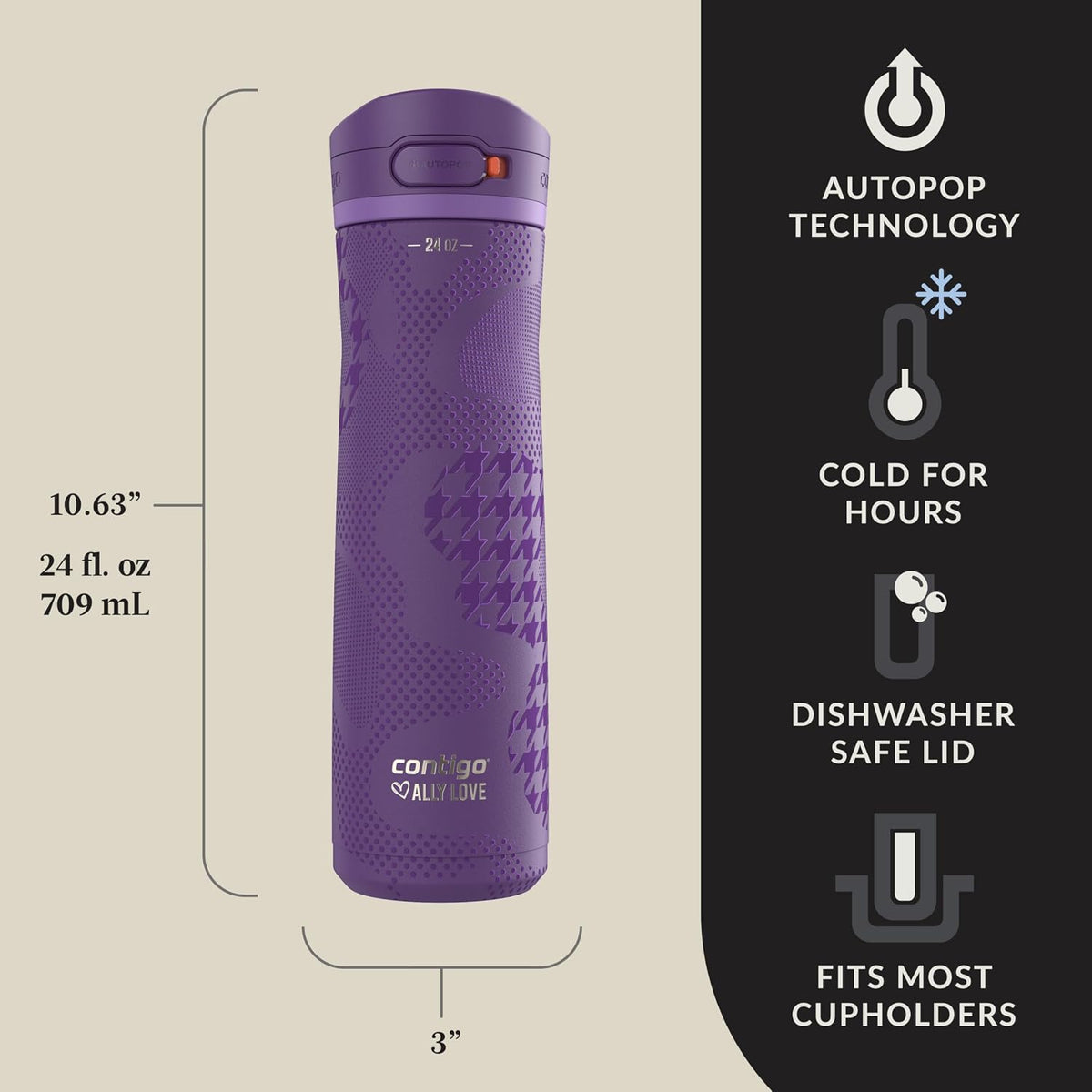 Contigo x Ally Love Jackson Chill 2.0, Stainless Steel, Spill Proof Water Bottle with AutoPop Lid, BPA Free, 24oz, Violet