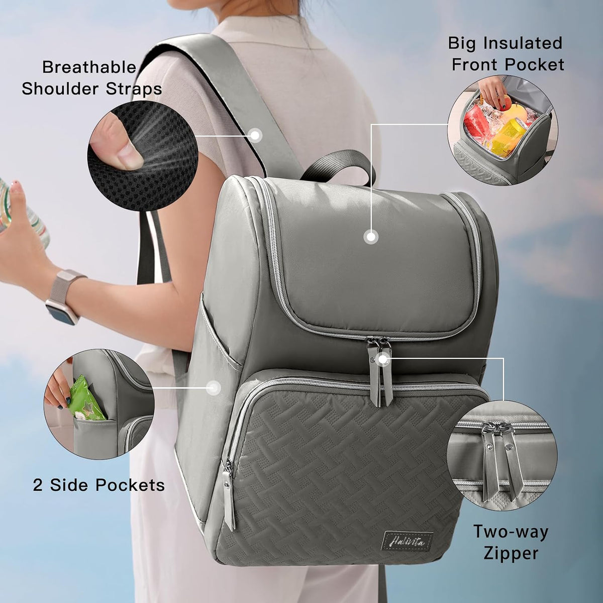 Cooler Backpack Insulated Leak Proof 33 Cans, Waterproof Hiking Backpack Cooler Soft Cooler Bag Lunch Backpack for Picnic Camping Beach, Gray
