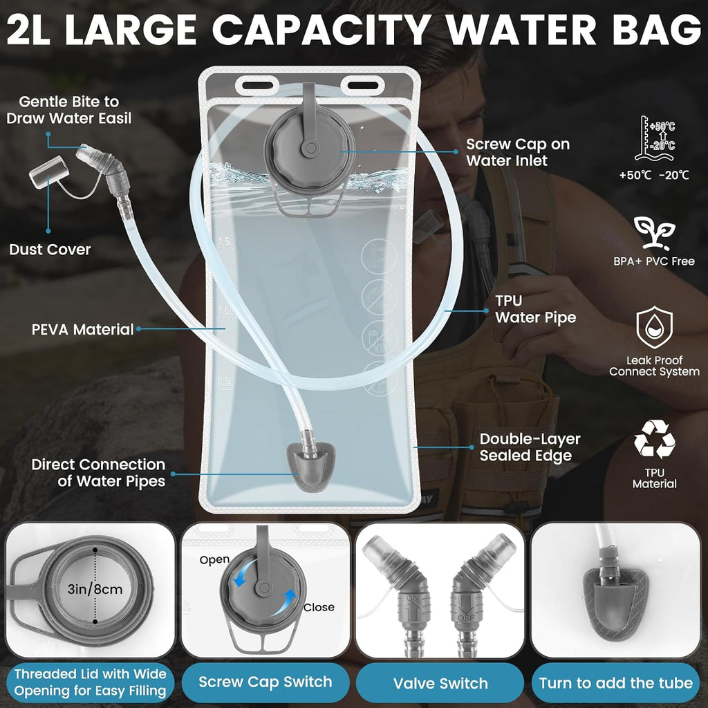 Hydration Pack Vest – Lightweight Chest Pack 2.0L Hands-Free Water Bladder Backpack, Reflective Strips, Adjustable Fit for Men and Women, Ideal for Marathon, Trail Running, Hiking, Cycling