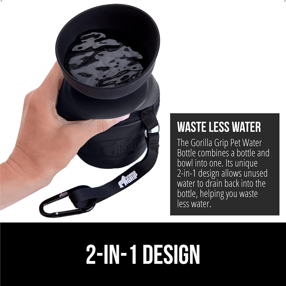 GORILLA GRIP Portable Dog Water Bottle, Food Grade Silicone, 12oz Black