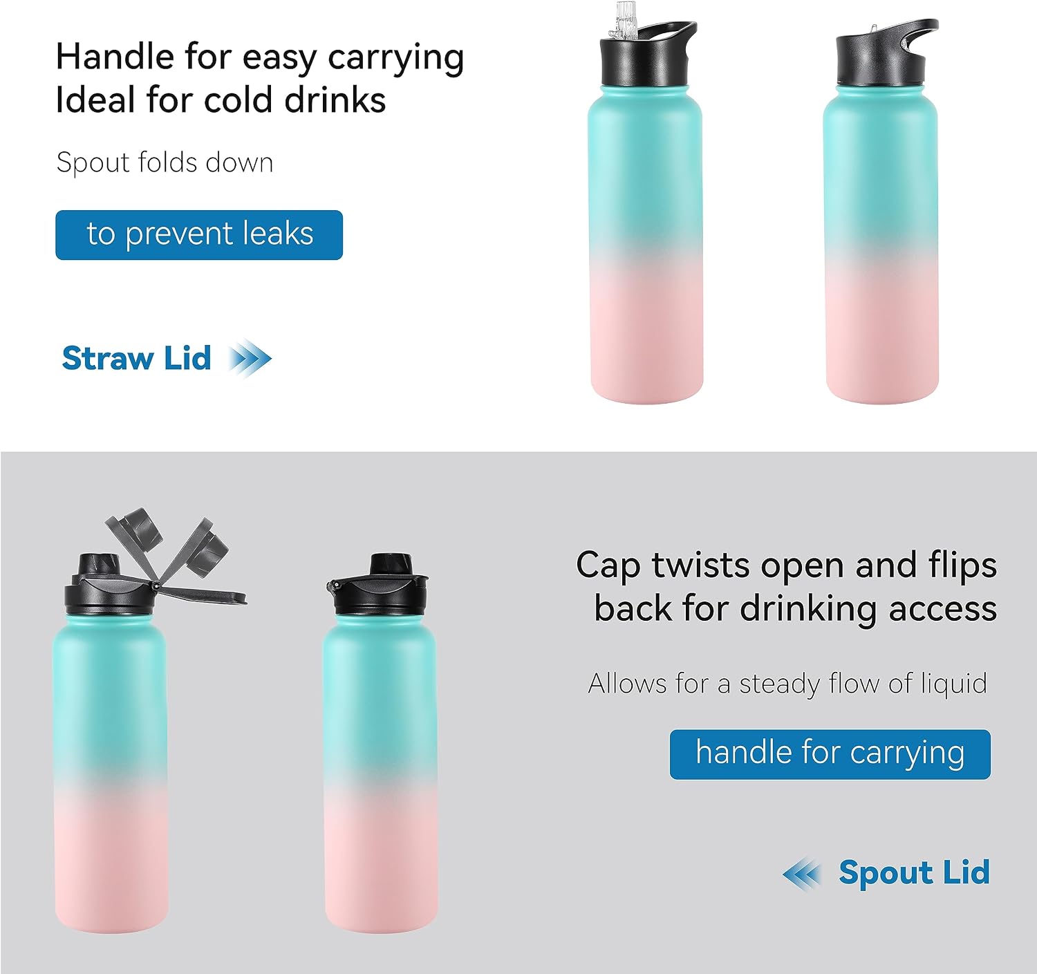VEGOND 40 oz Insulated Water Bottle Bulk Stainless Steel Metal Water Bottles with Leak Proof Straw Lid & Spout Lid, Wide Mouth Double Walled Vacuum Travel Sports Bottle, 4 Pack