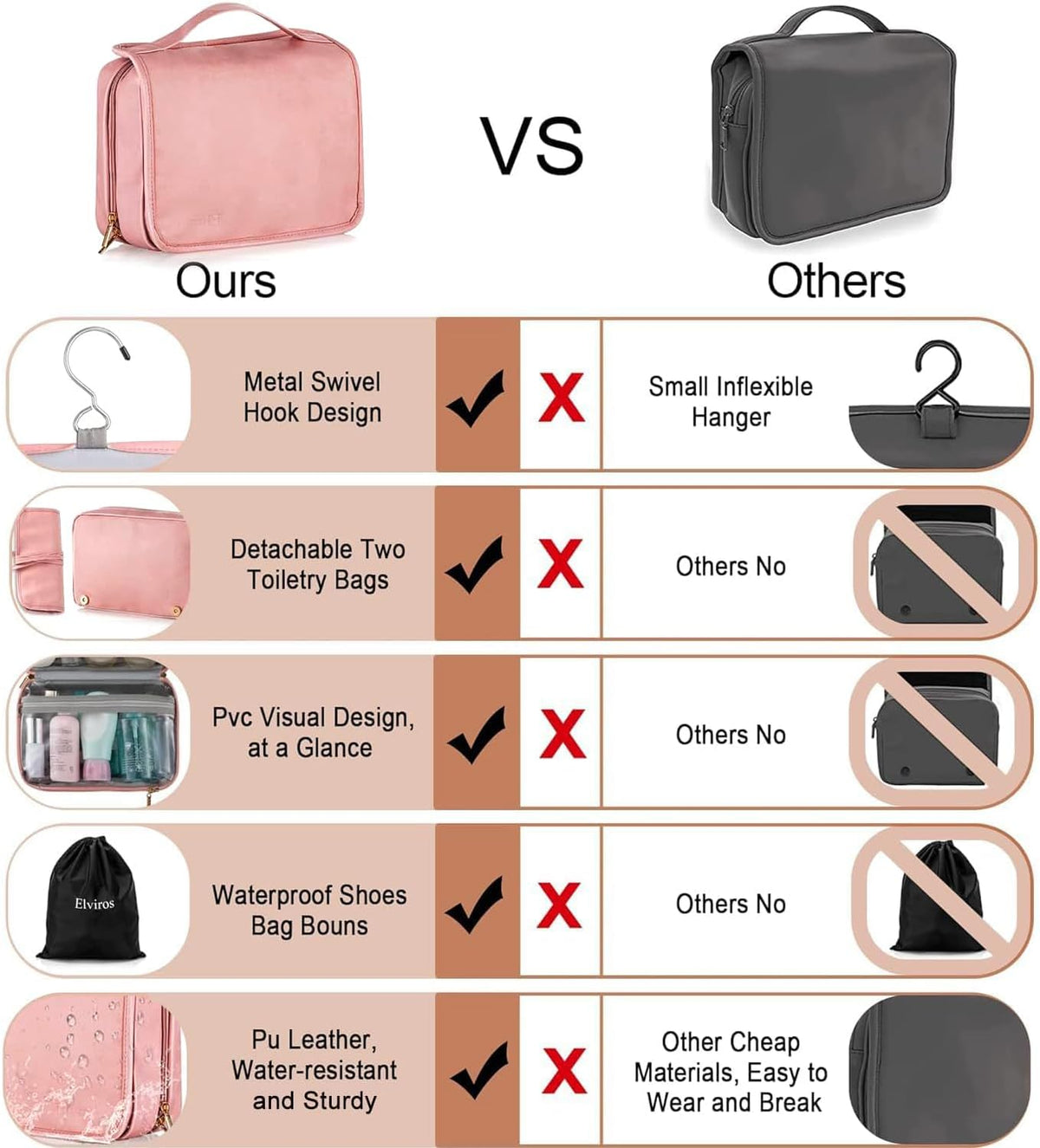 Elviros Hanging Travel Toiletry Bag for Women, 3-in-1 Large Makeup Bag and Cosmetic Organizer, Vegan Leather Waterproof Skincare Case for Travel Size Toiletries and Accessories, Gift for Women