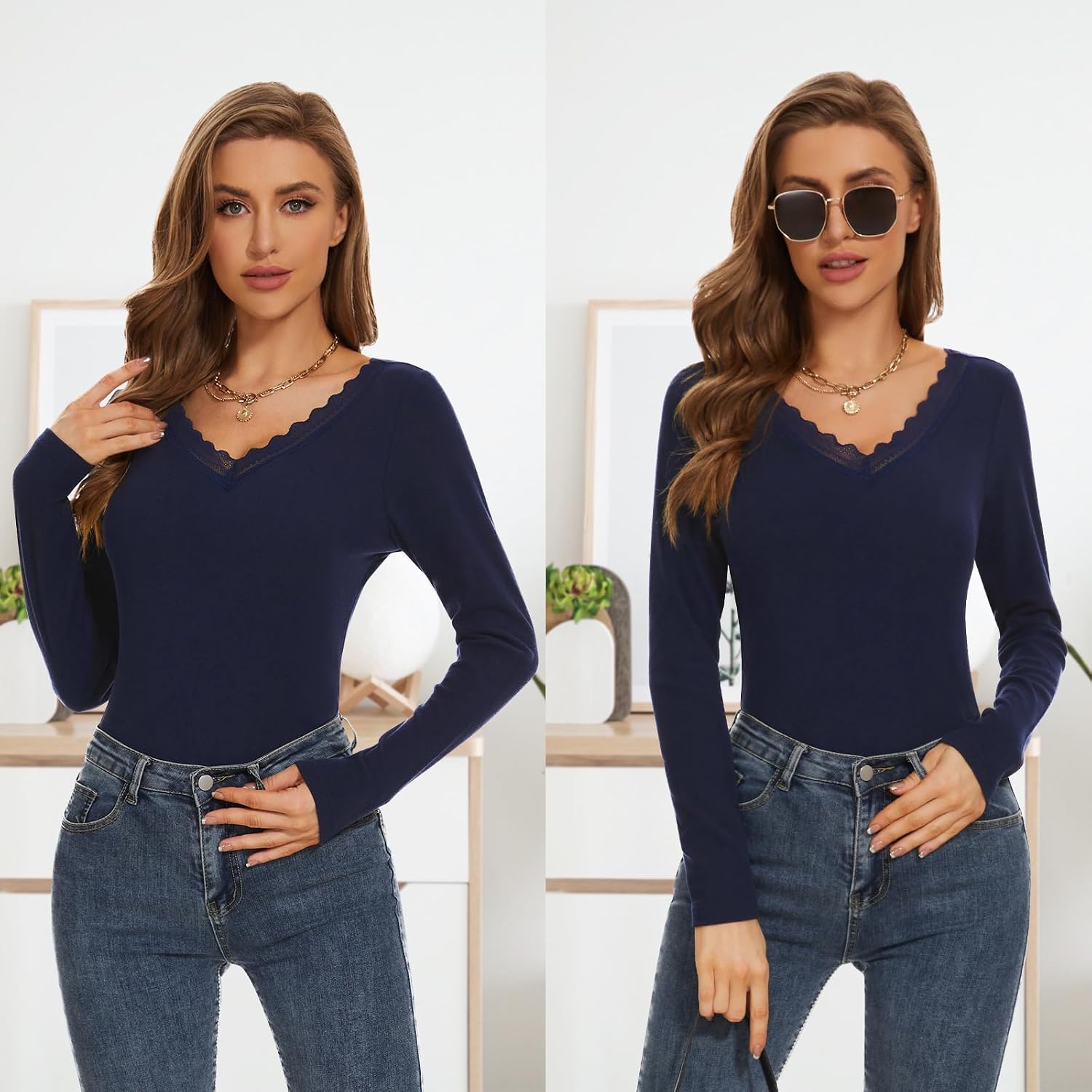 WOWENY Women Thermal Long Sleeve Shirt Fleece Lined Basic Fitted Tops Lace V Neck Undershirts Winter Tight Base Layer