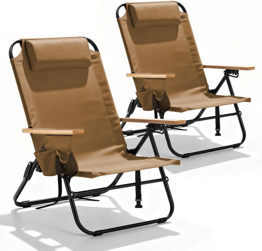 2 Pack Premium 5-Position Reclining Camping Chair - Portable Folding Lightweight Outdoor Chair with Wooden Armrests, Headrest & Pockets, 350lbs Heavy Duty for Beach, Patio, Backyard, Brown