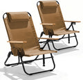2 Pack Premium 5-Position Reclining Camping Chair - Portable Folding Lightweight Outdoor Chair with Wooden Armrests, Headrest & Pockets, 350lbs Heavy Duty for Beach, Patio, Backyard, Brown