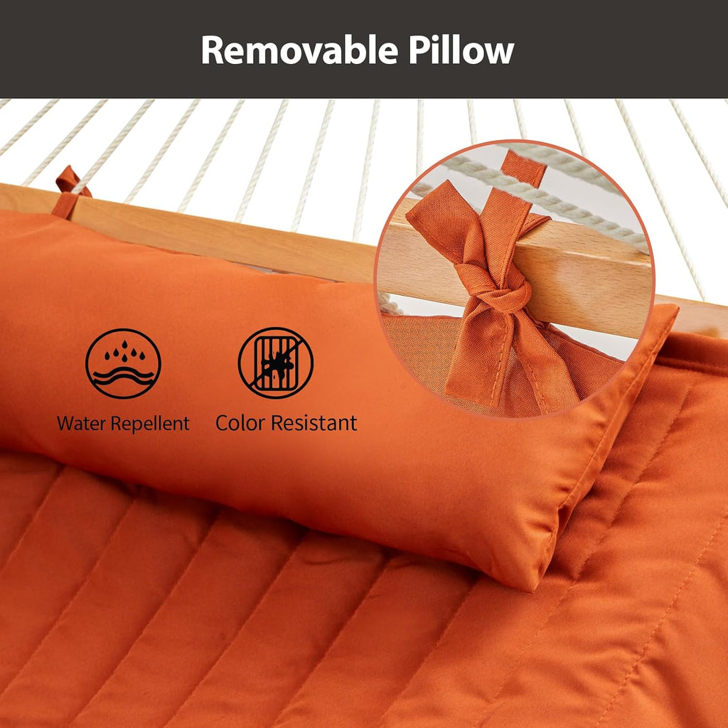 CHULIM Outdoor Double Hammock with Hardwood Spreader Bars, Large Rope Hammock with Polyester Pad and Pillow, 475 LBS Capacity for 2 Person Patio Backyard Poolside - Terracotta