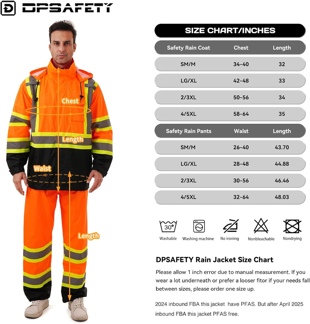 Hi Vis Safety rain Jacket，Reflective Class 3 Rain coat with Inner Mesh Lining and Pockets High Visibility Waterproof work Rain Suits for men&women（Orange,LG/XL）