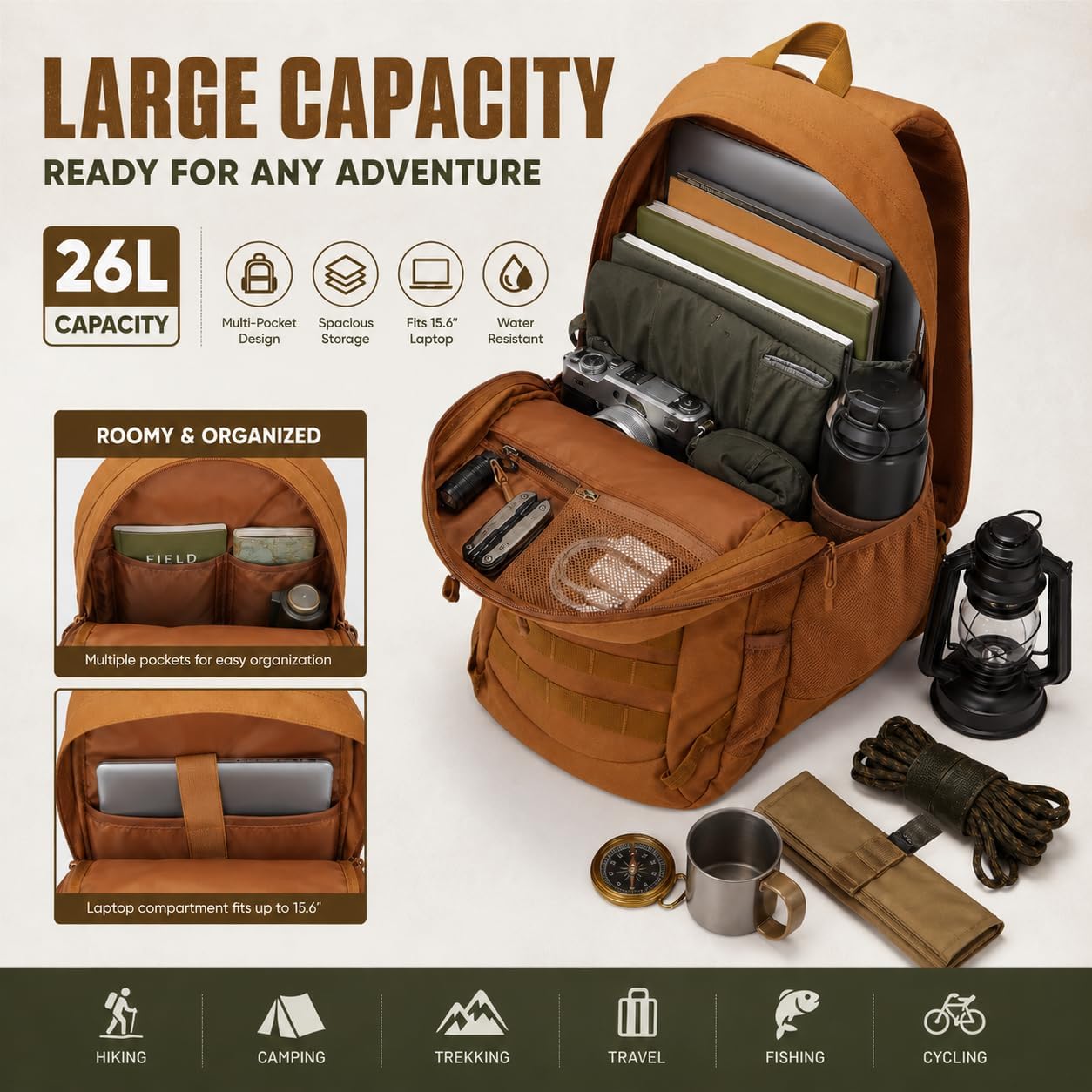 Hiking Travel Backpacks Men and Women, Lightweight Waterproof Laptop Backpack Outdoor Camping Backpack Hiking Daypack for Travel, Trekking, Work 26L (Brown)