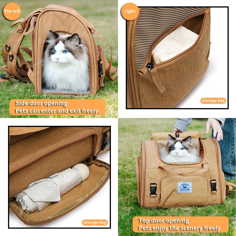 Pet Backpack Carrier for Small Dogs Medium Cats, Puppies,Breathable and Collapsible Design, Portable Travel Bag for Bearded Dragon,Rabbit Cage (Brown +Two-Shoulder, Small)