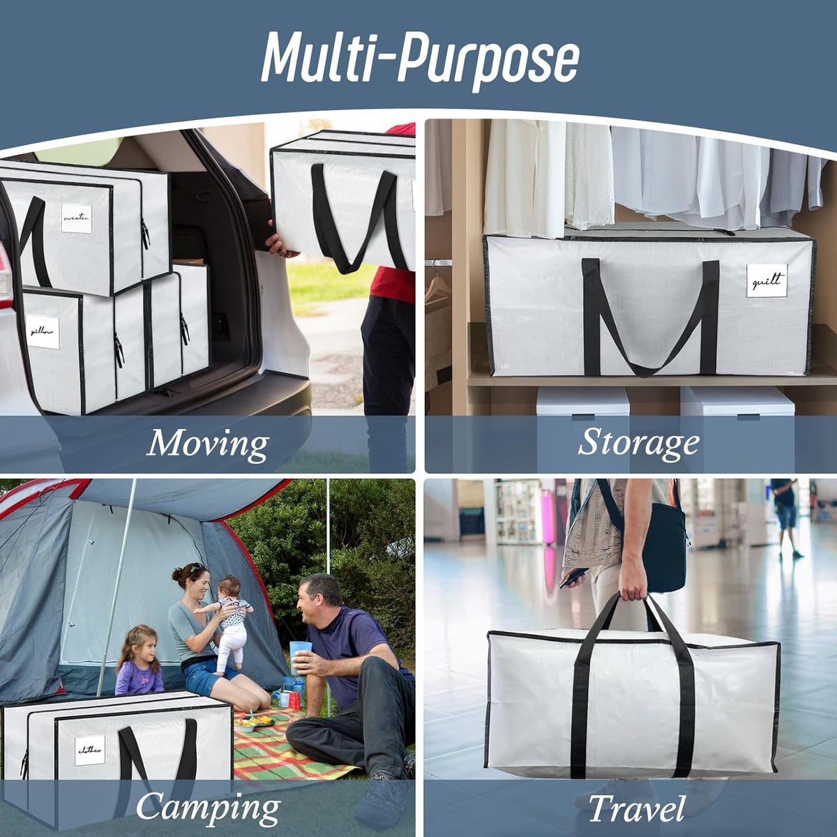 6 Pack Extra Heavy Duty Large Moving Bags with Strong Zipper, White