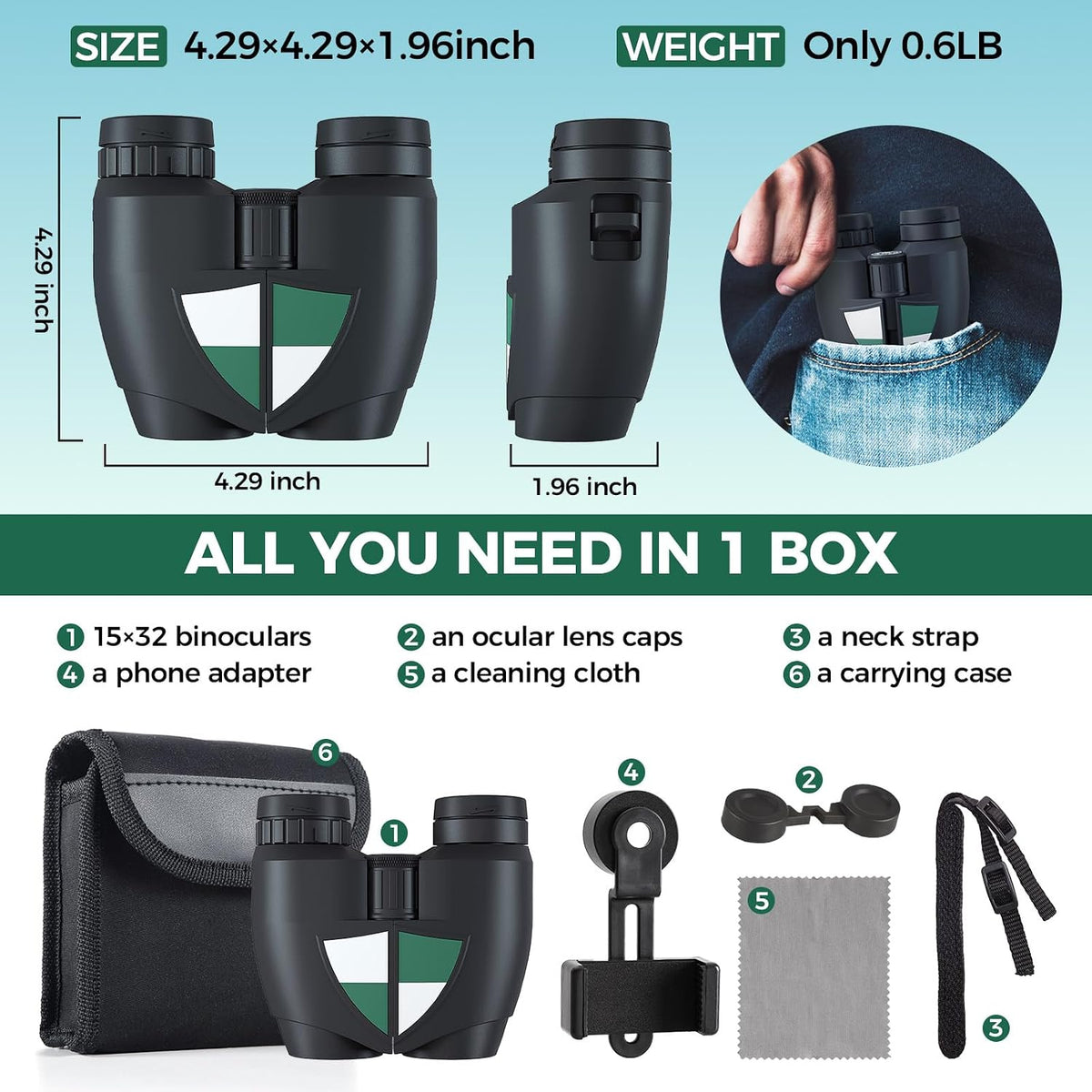15x32 Compact Binoculars for Adults High Power with Phone Adapter