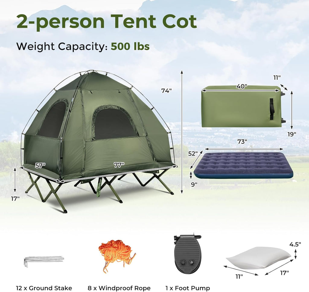 GYMAX Tent Cot, 5-in-1 Folding Camping Cot with Mattress & Pillows, Sleeping Bags, Sunshade, Camping Tent Elevated with Carrying Bag for Outdoor Hiking, Fishing, Picnic (2-Person)