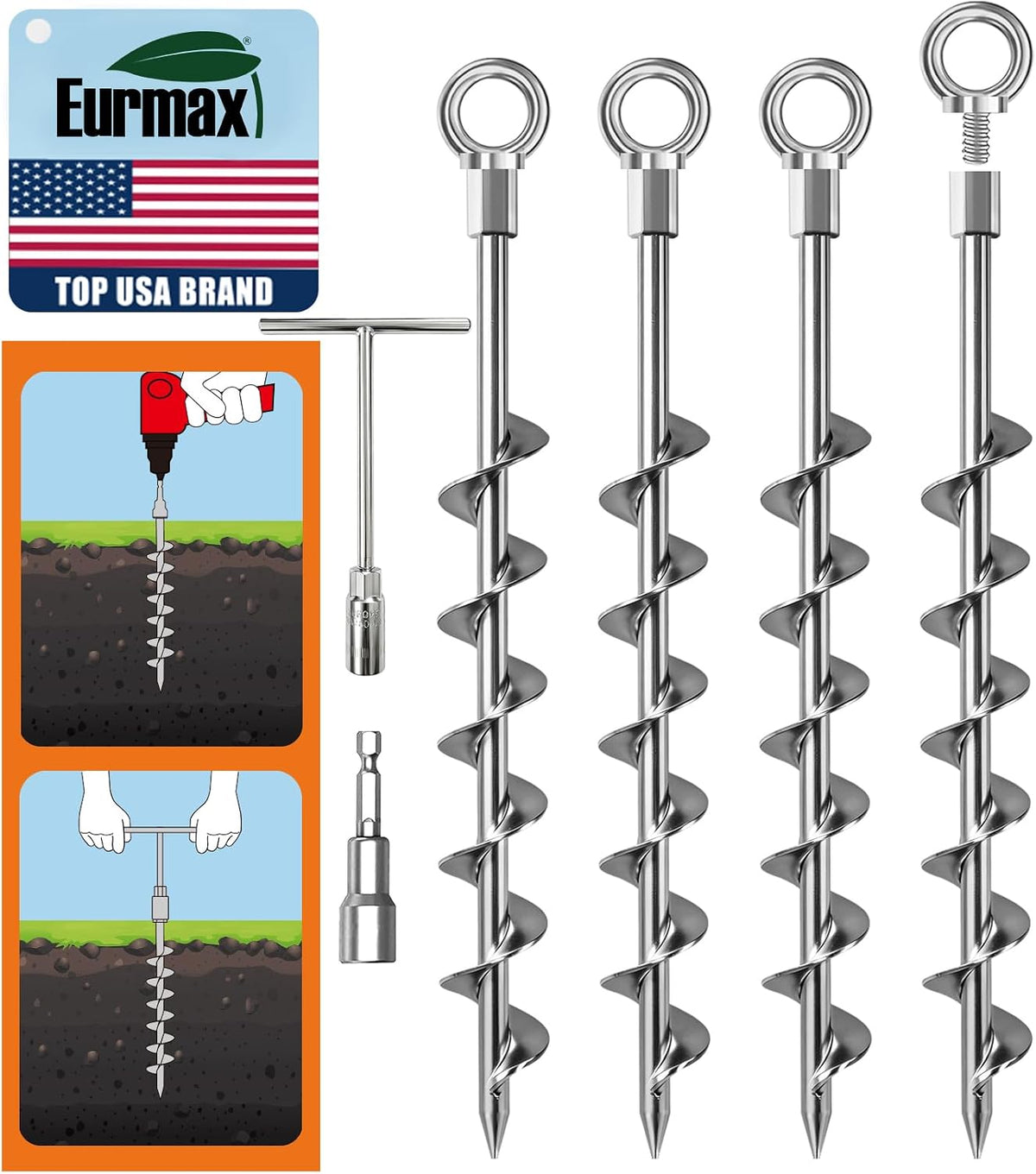 Eurmax USA 20-Pack Secure Protection Galvanized Tent Stakes,Rust-Proof Steel Canopy Anchors for High Winds,Heavy Duty Commercial Ground Pegs for Camping,Pop Up Tents&Gazebos - Includes 4x10ft Ropes