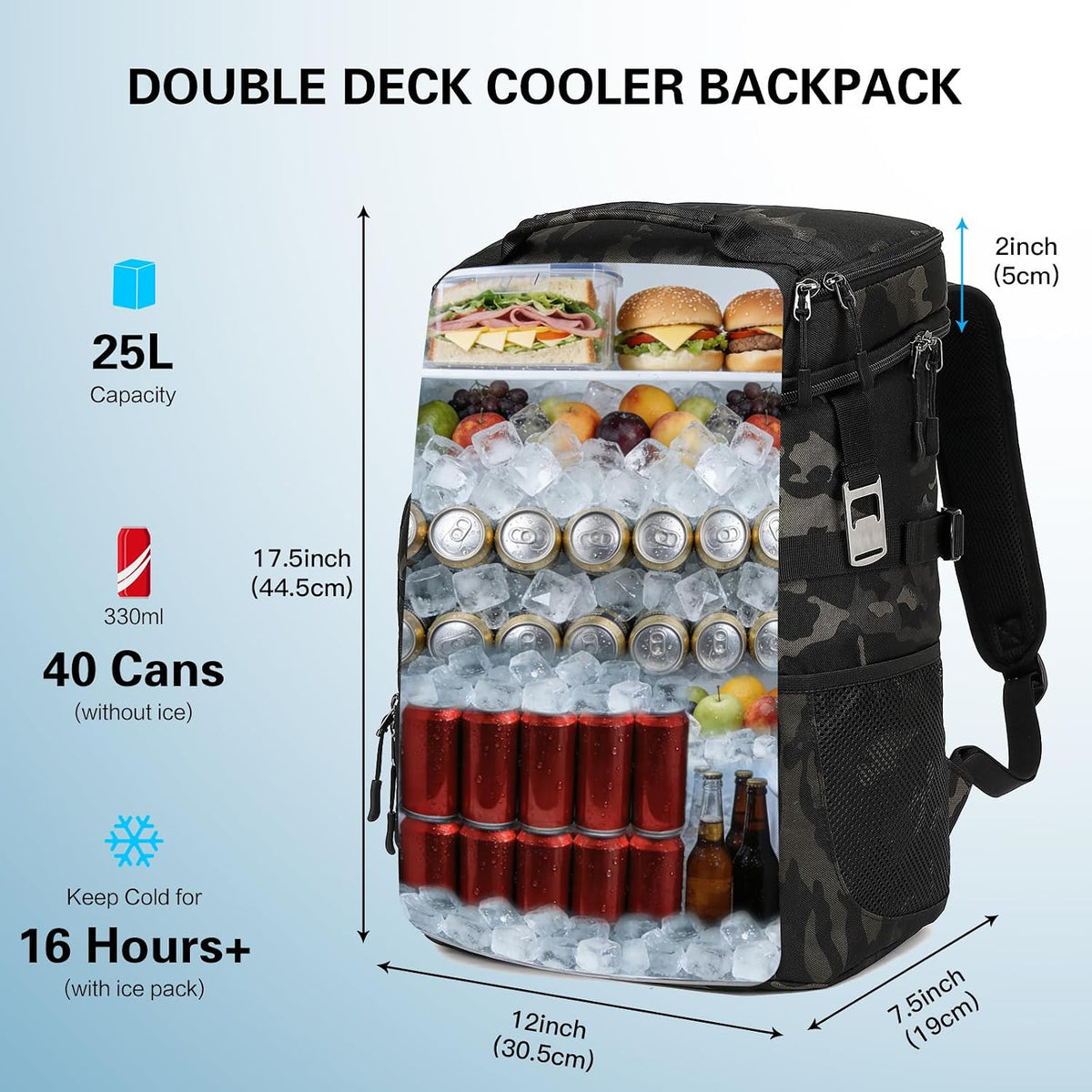 Tactical Cooler Backpack for Men, Double Deck Insulated Cooler Bag 40 Cans, Soft Lunch Backpack with 16H Ice Retention Waterproof Leakproof Picnic Backpack for Work Beach Camping BBQ Hiking