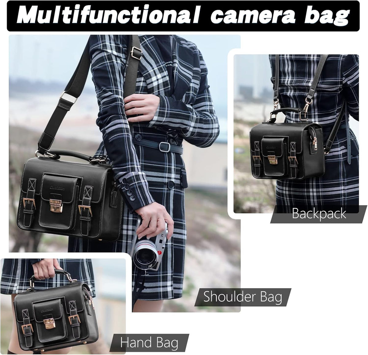 Cwatcun 3-in-1 Retro Camera Bag, PU Leather Camera Crossbody/Backpack/Case