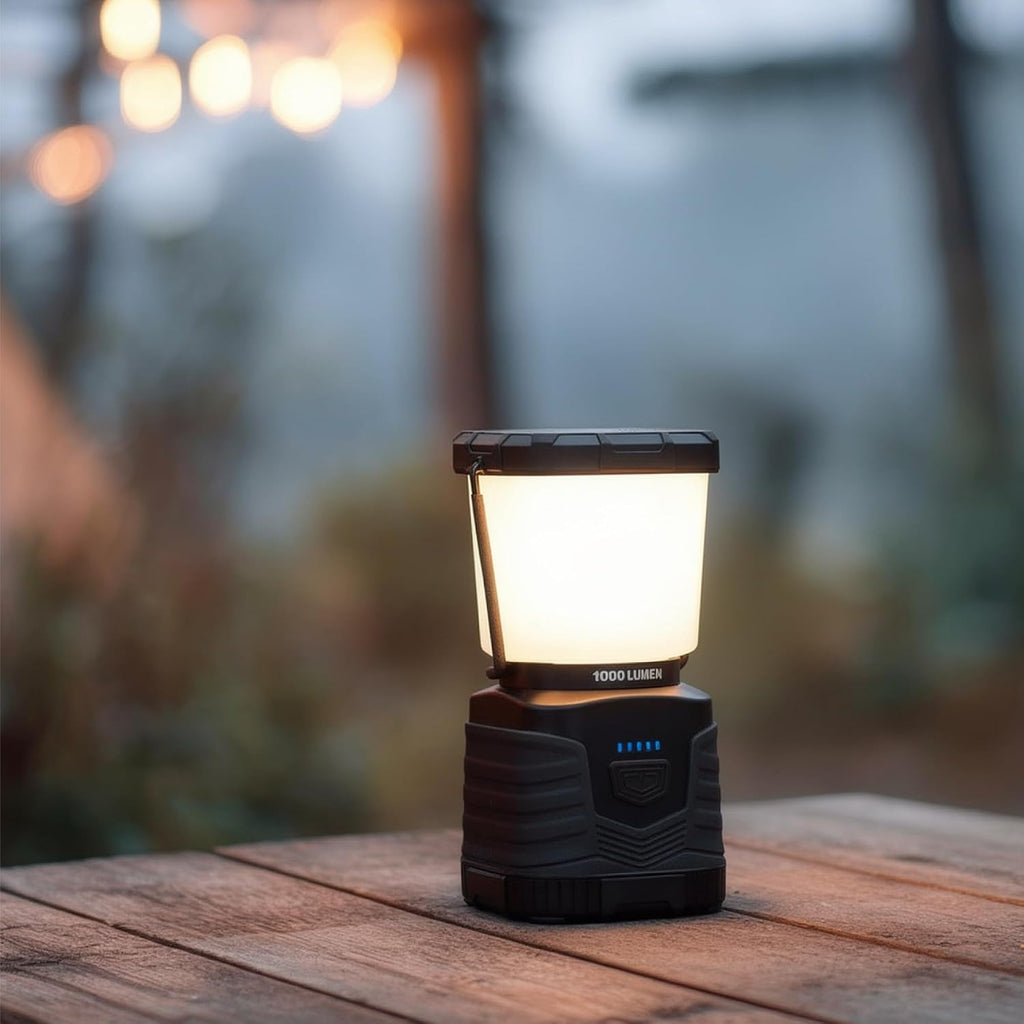 Amazon Basics Camping Essentials Lantern, 360-Degree 1000 Lumen LED, Adjustable Dimmable with 4 Lighting Modes, Water Resistant IPX4, Black (Batteries Not Included)