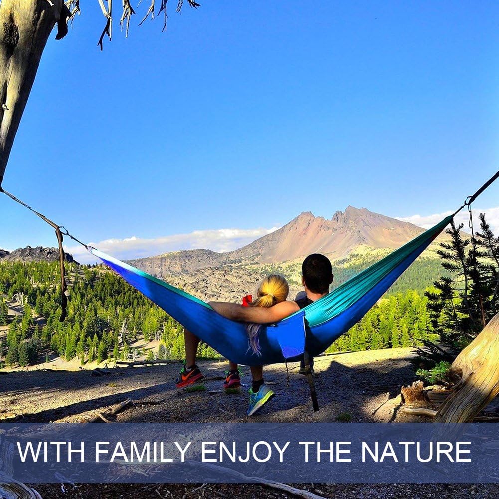 ERUW Hammock Camping, Portable Single/Double Hammocks for Outdoor Hiking Travel Backpacking - 210D Nylon Hammock Swing for Backyard & Garden (Blue/Sky Blue)