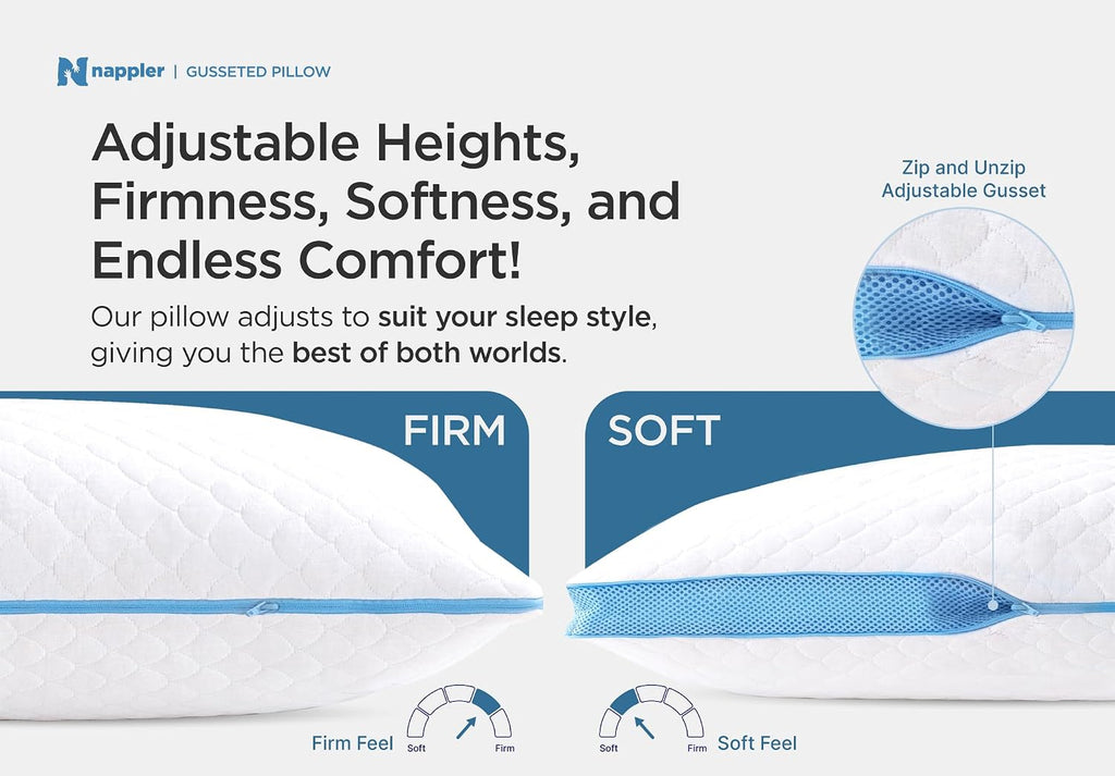 Nappler Side and Back Sleeper Pillow for Neck and Shoulder Pain Relief - Shredded Memory Foam Bed Pillow for Sleeping - 100% Adjustable Fill - Standard Size Modal Washable Case. Extra Fill Included