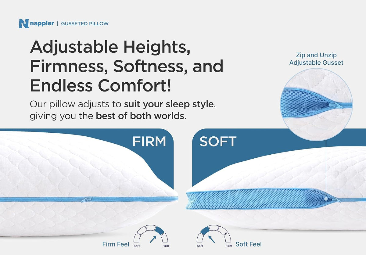 Nappler Side and Back Sleeper Pillow for Neck and Shoulder Pain Relief - Shredded Memory Foam Bed Pillow for Sleeping - 100% Adjustable Fill - Standard Size Modal Washable Case. Extra Fill Included