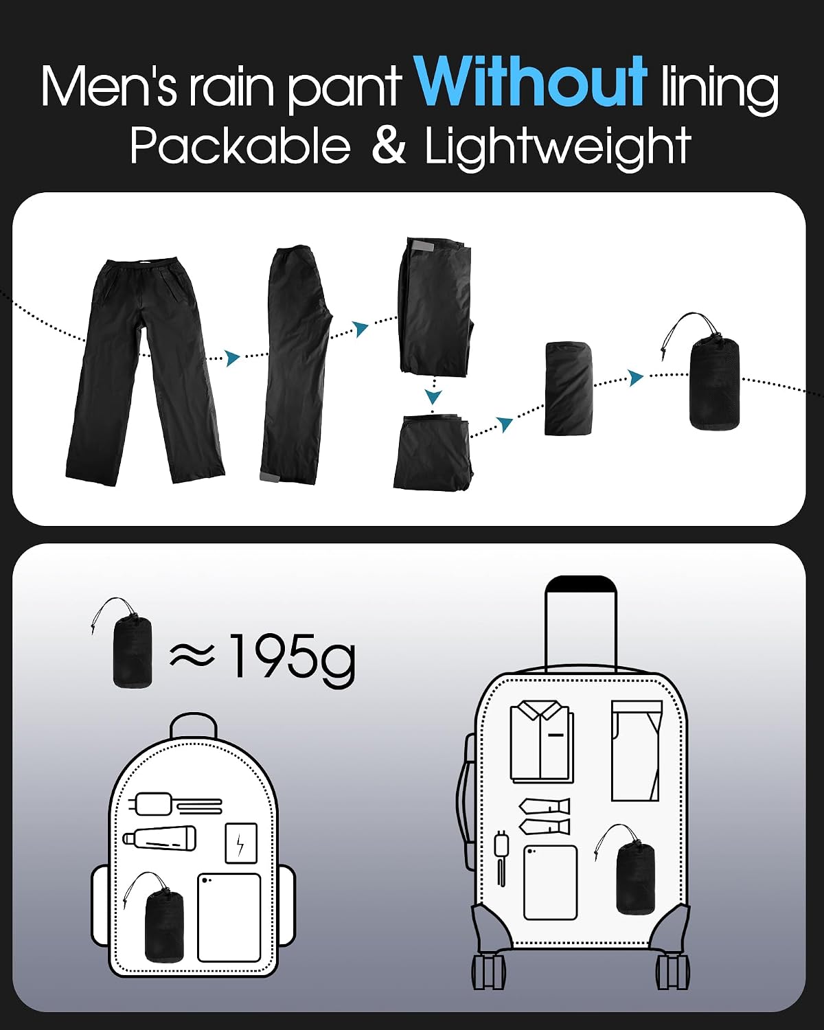 33,000ft Packable Rain Pants for Men Waterproof Lightweight Hiking Pants