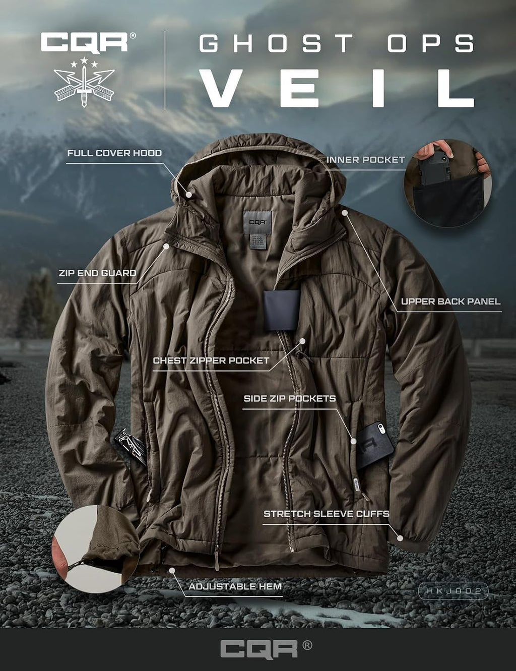 CQR Men's Lightweight Warm Insulated Jacket, Windproof Water Resistant Winter Active Coat for Hiking Work Outdoor Tactical
