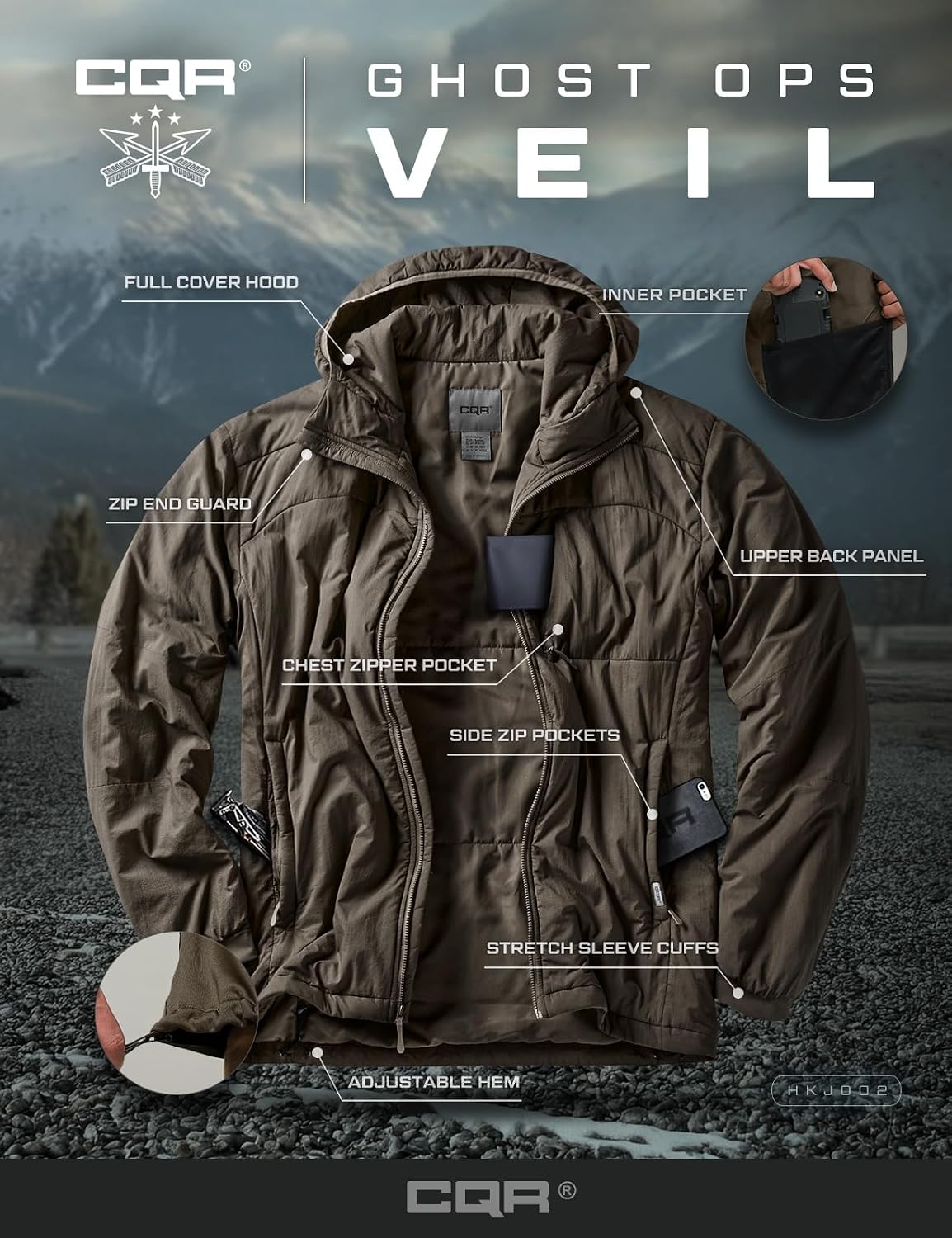 CQR Men's Lightweight Warm Insulated Jacket, Windproof Water Resistant Winter Active Coat for Hiking Work Outdoor Tactical