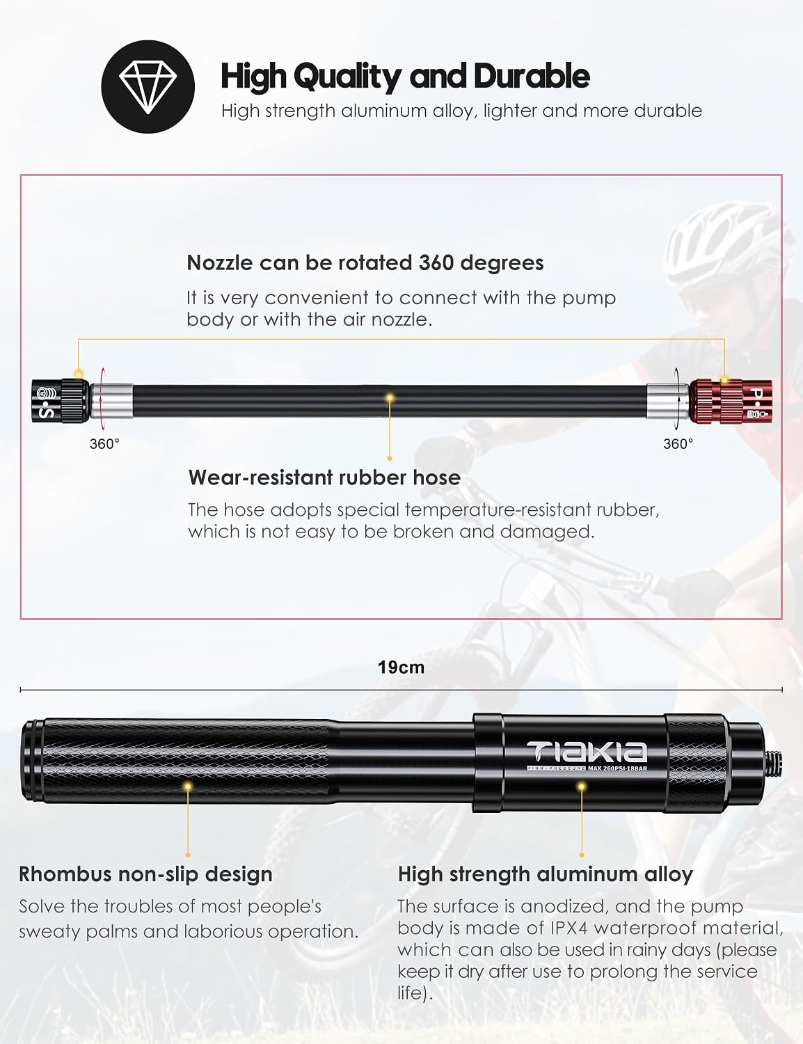 Tiakia Mini Bike Pump, 260PSI High Pressure for Road & Mountain Bikes