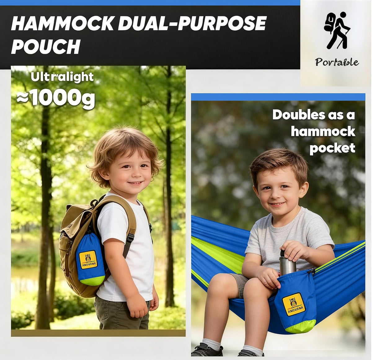 Small Camping Hammock with Mosquito Net, 450 lbs Portable Hammock with Tree Straps, 2-in-1 Double/Single Travel Hammocks, Hammock for Outside/Indoor/Backpacking/Beach - Lake Blue & Green