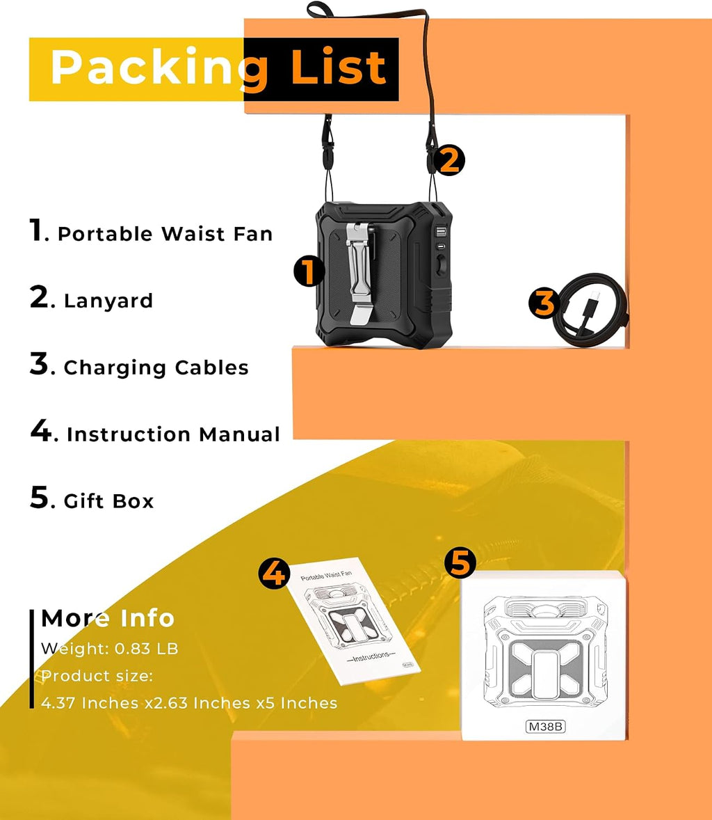TUNISE Portable Fan with 5-Speed Settings, Dual-Sided Clip on Wearable Belt Waist Fan for 8000mAh, 2 Settings including Flashlight,Travel Essential for Outdoor Camping as Power Bank