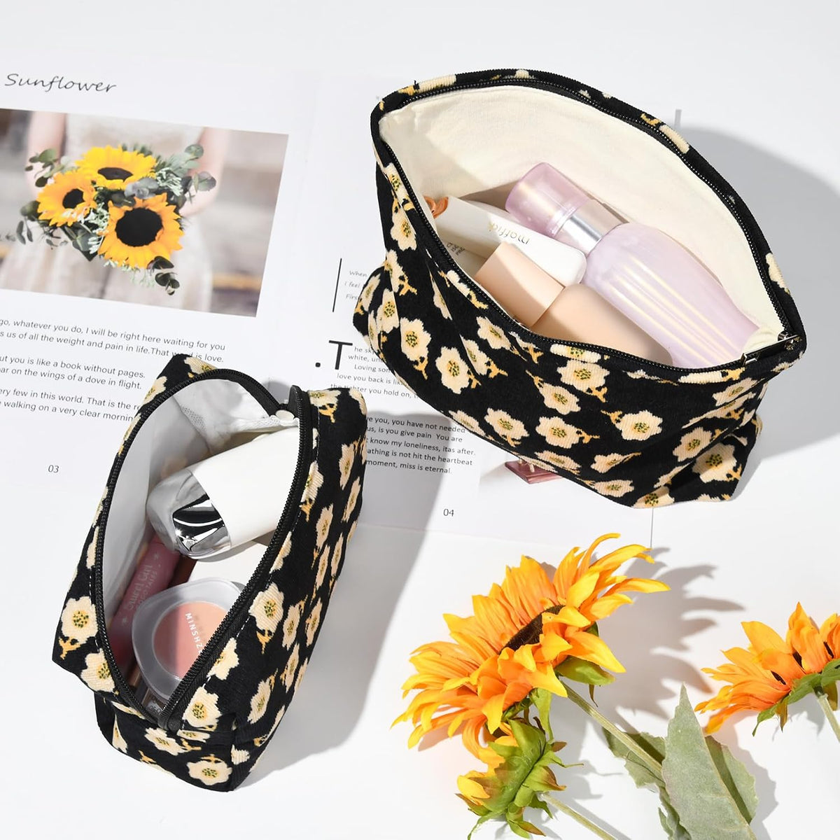 SOIDRAM 2 Pieces Flower Makeup Bag Large Cosmetic Bag Capacity Canvas Mix Travel Toiletry Bag Organizer Cute Makeup Brushes Aesthetic Accessories Storage Bag for Women, Flower Mix Black