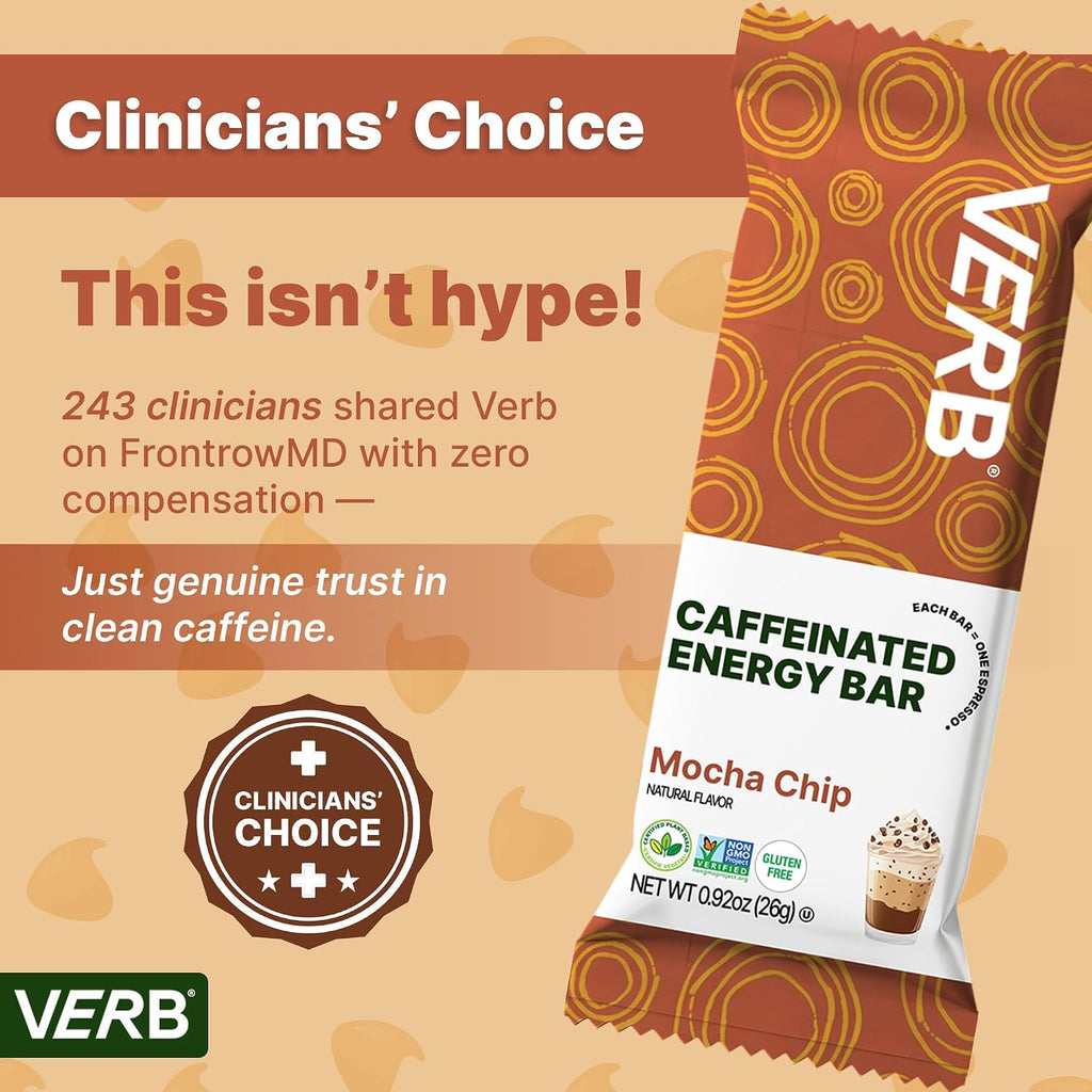 Verb Caffeinated Energy Bars Mocha Chip (26g, Pack of 16) 110 Calories