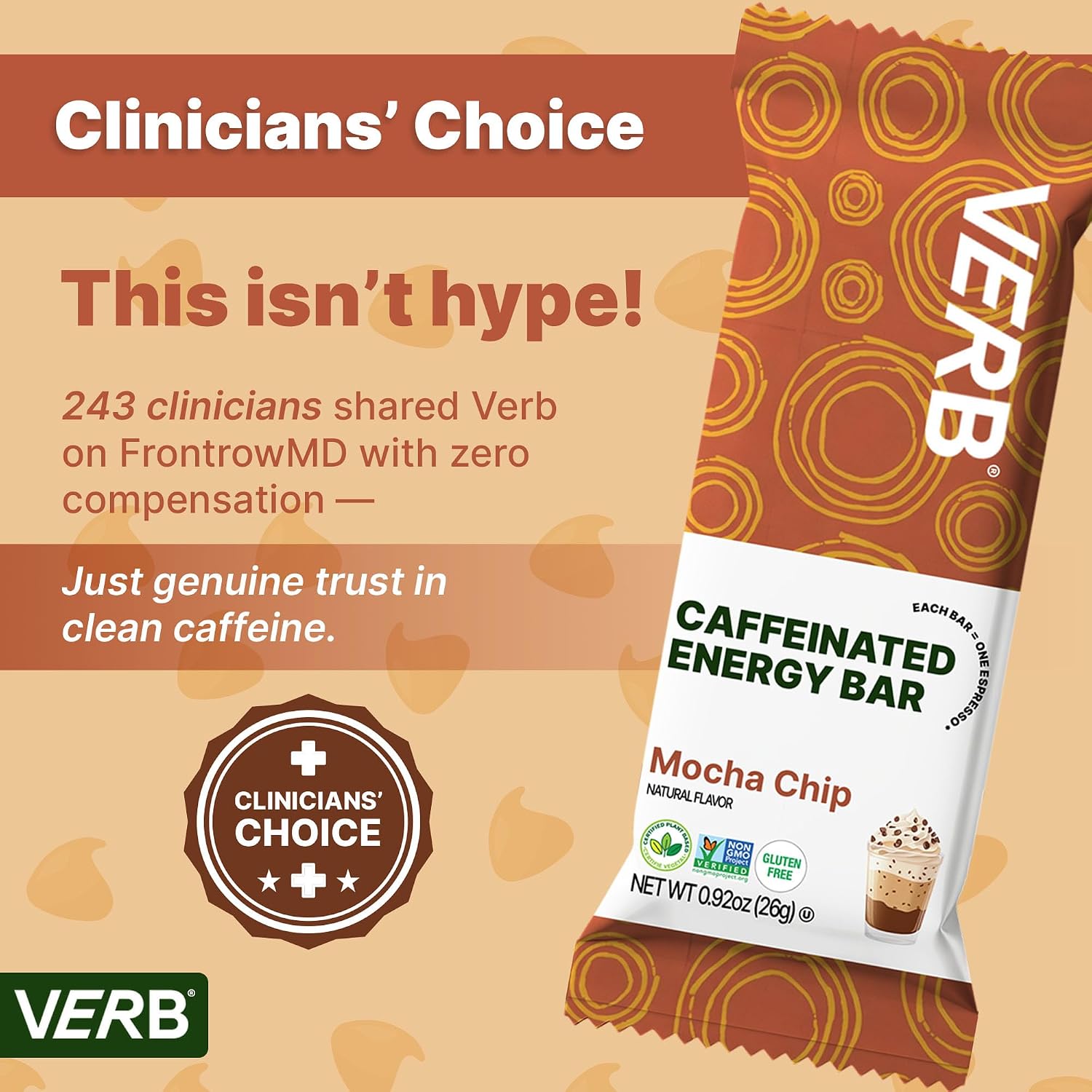 Verb Caffeinated Energy Bars Mocha Chip (26g, Pack of 16) 110 Calories