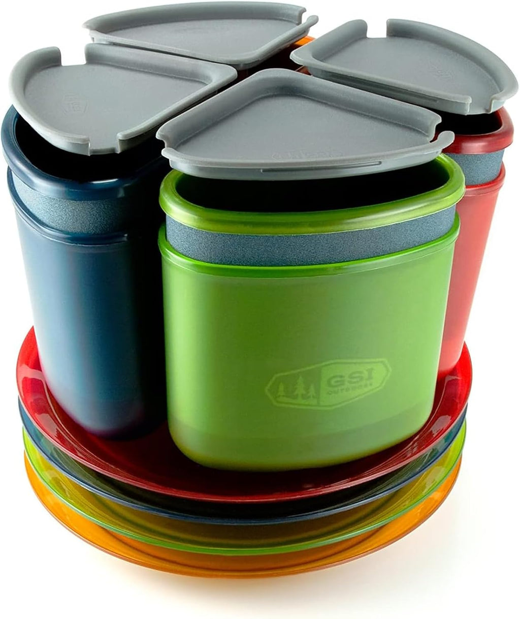 GSI Outdoors Infinity 4 Person Compact Nesting Tableset for Ultra-Light and Compact with Cup, Bowls and Plates for Camping, RV, or BBQ