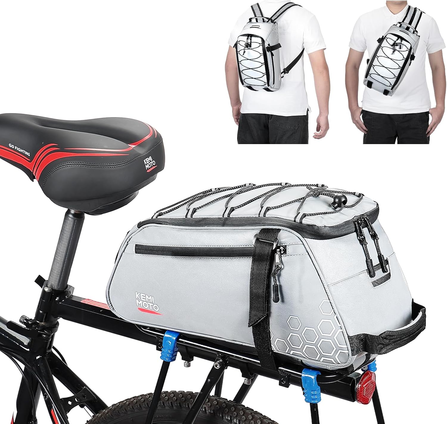 KEMIMOTO Rear Bike Rack Bag, 13L Water-resistant Trunk Bags 3-IN-1, Zippered Bicycle Backpack Shoulder Pannier Saddle Pack for Ebikes Cycling Commuting Travel Outdoor Camping, Pink