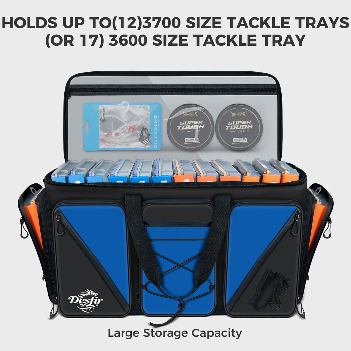 Handor Waterproof Fishing Tackle Bag, Large Saltwater Resistant Storage, 1000D PVC Material, Holds 3600 3700 Trays (Black and Blue, Large Bag)