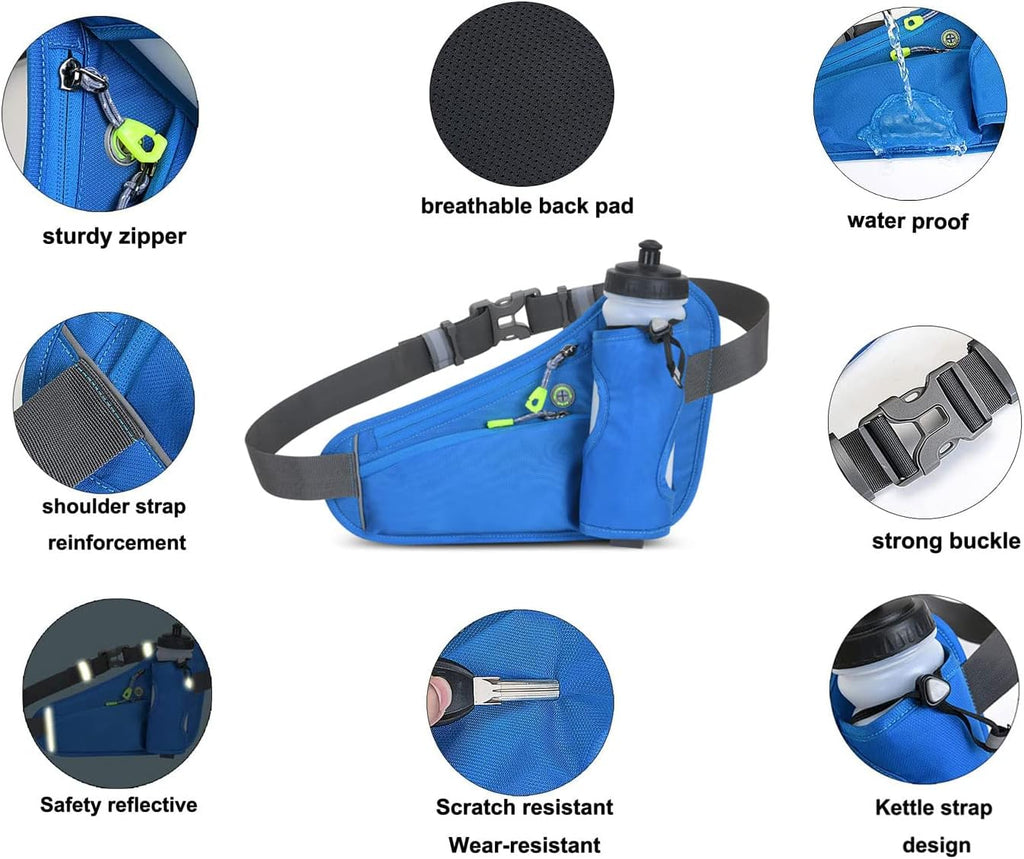 Running Waist Pack Can Hold Water Bottles,Outdoor Sport Hiking Waist Pack Bag for Men Women Travel Cycling Dog Walking(Bottle Not Included) (Blue)