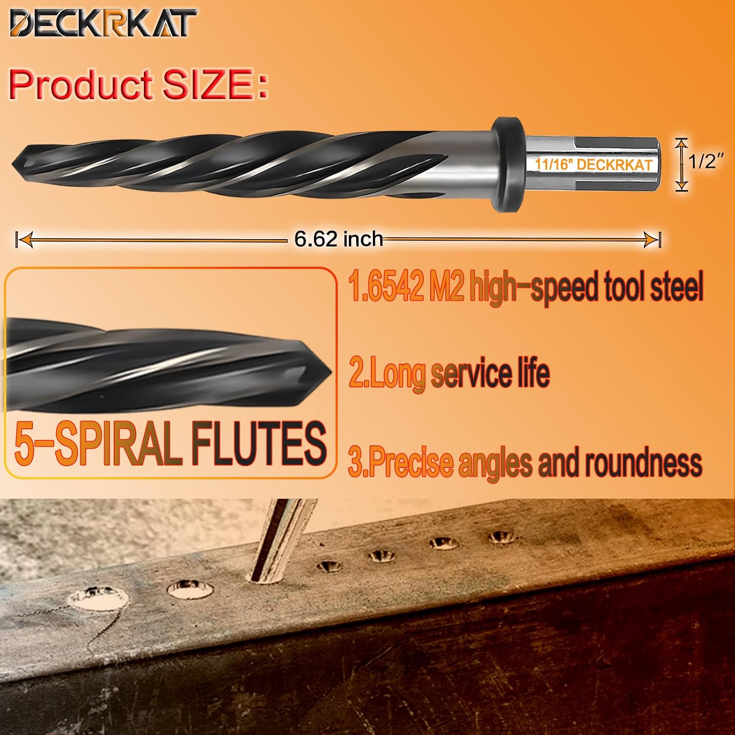 11/16" Reamer Drill Bit for Metal, M2 HSS Taper Reamer for Steel, Alloy, Wood, Plastic to Align, Enlarge Holes – 5-Spiral Flutes,1/2" Non-Slip Shank, 17mm Car Reamer, Bridge Construction Reamer