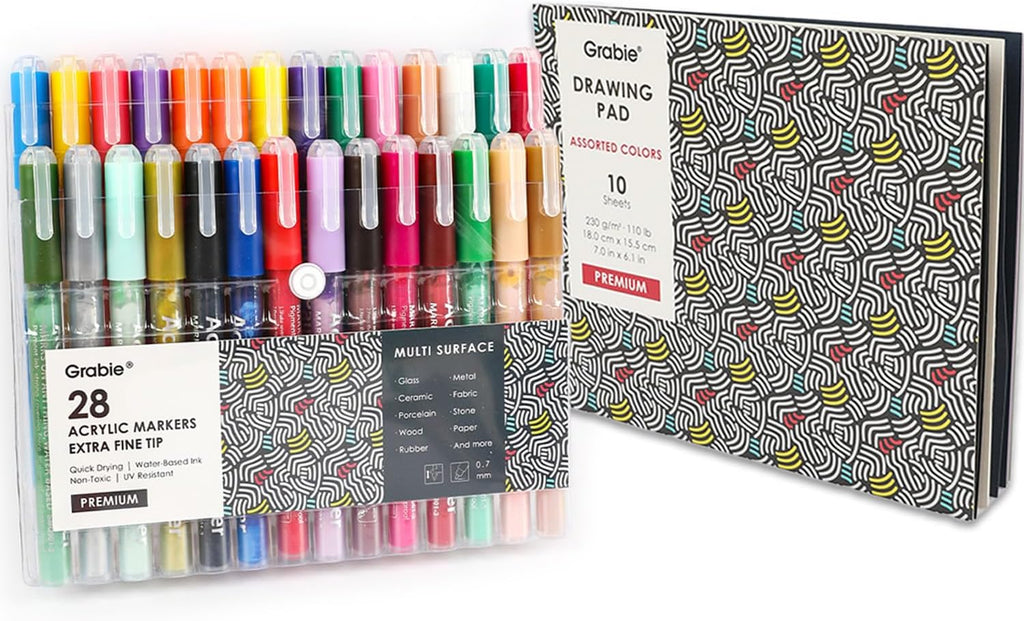 Grabie Pack of 28 Color Acrylic Paint Markers, 0.7mm Extra Fine Tip Pens