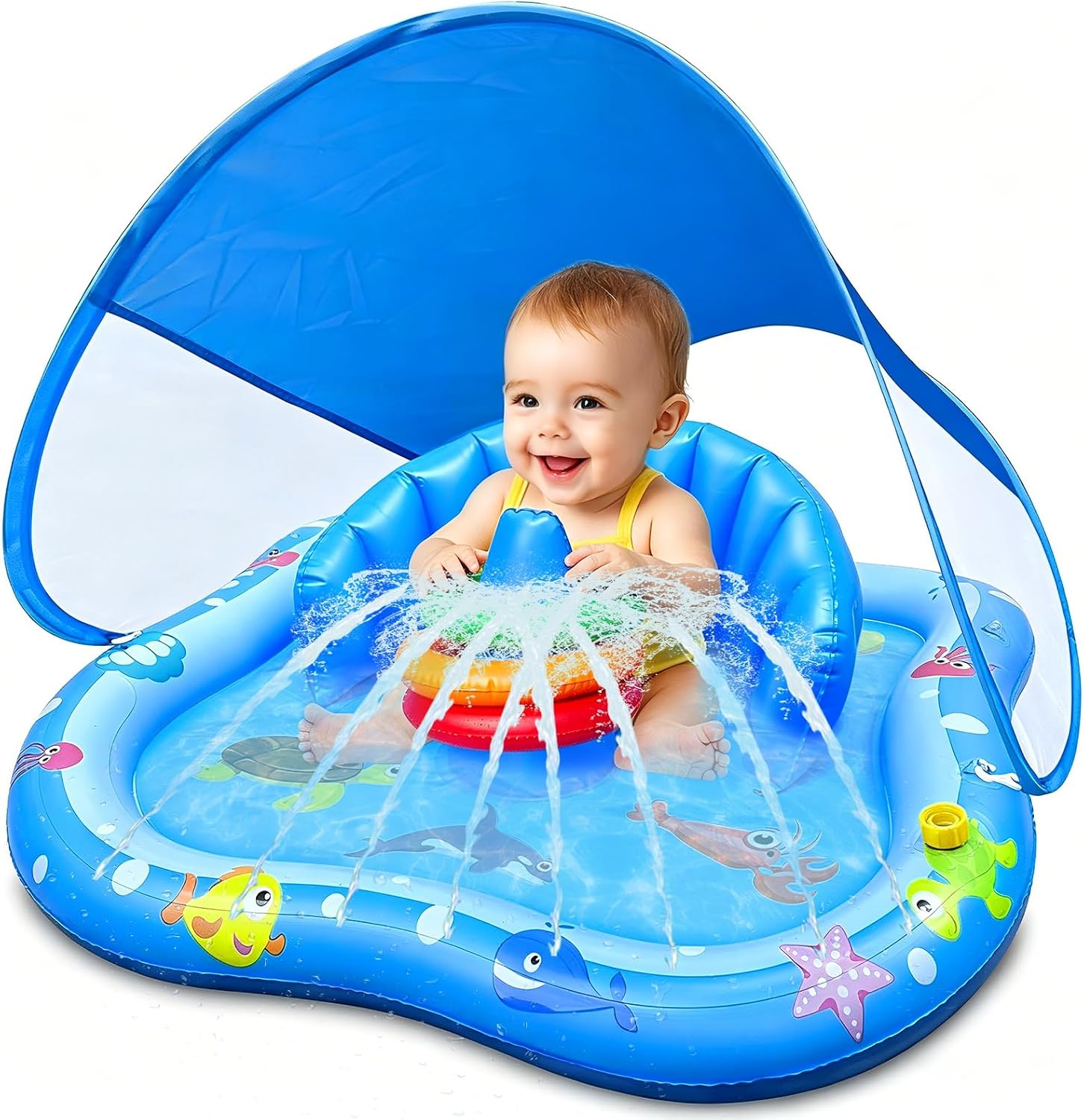 Baby Play Mat with Sprinkler, Pool Floats with Canopy for Age 6-36 Months | Inflatable Kiddie Pool with Backrest & Stackable Rings Water Sprinkler for Kids Outdoor Water Play Toys,Backyard Water Games