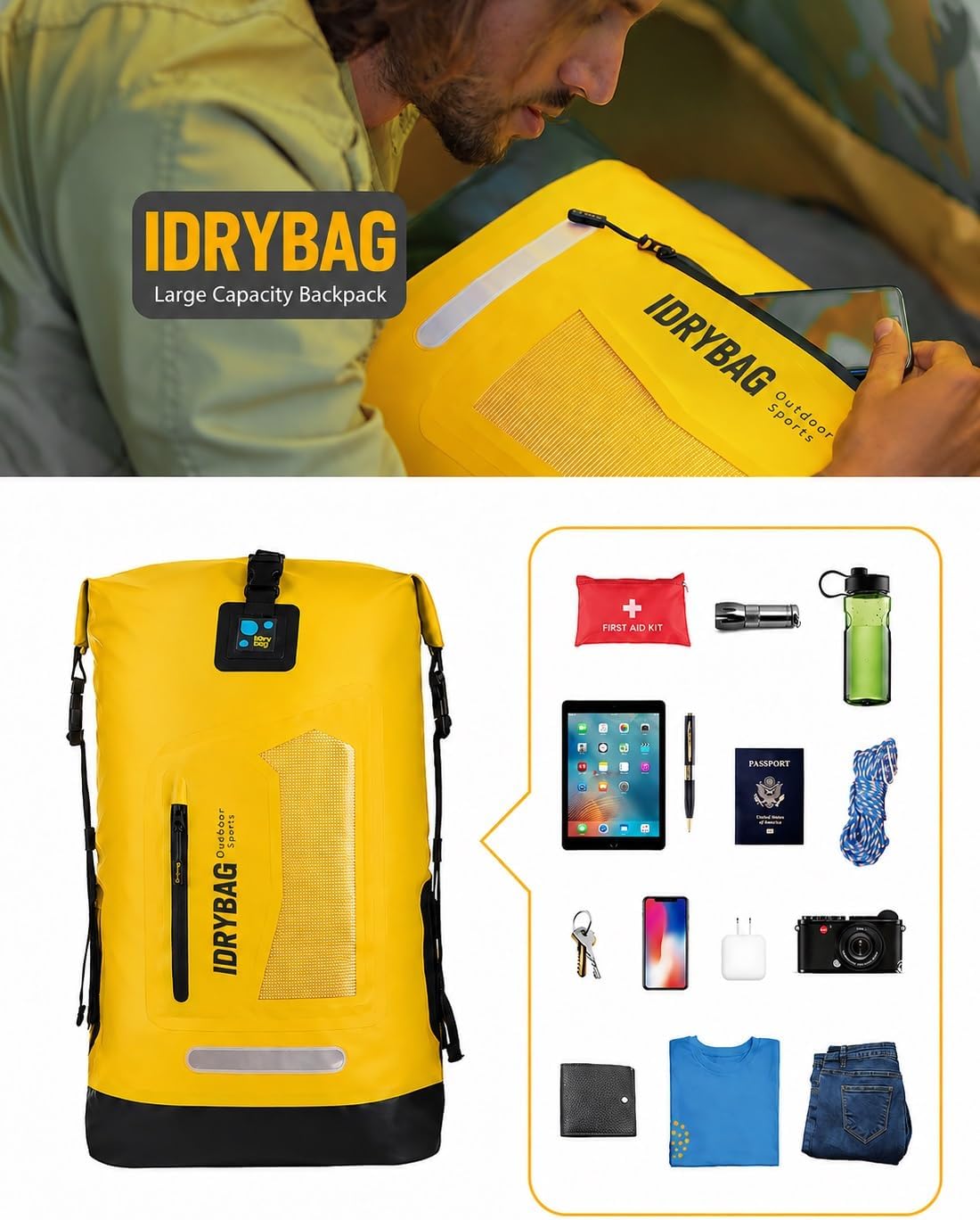 IDRYBAG Waterproof Backpack - 20L/30L/40L Floating Dry Bag for Men, Kayak