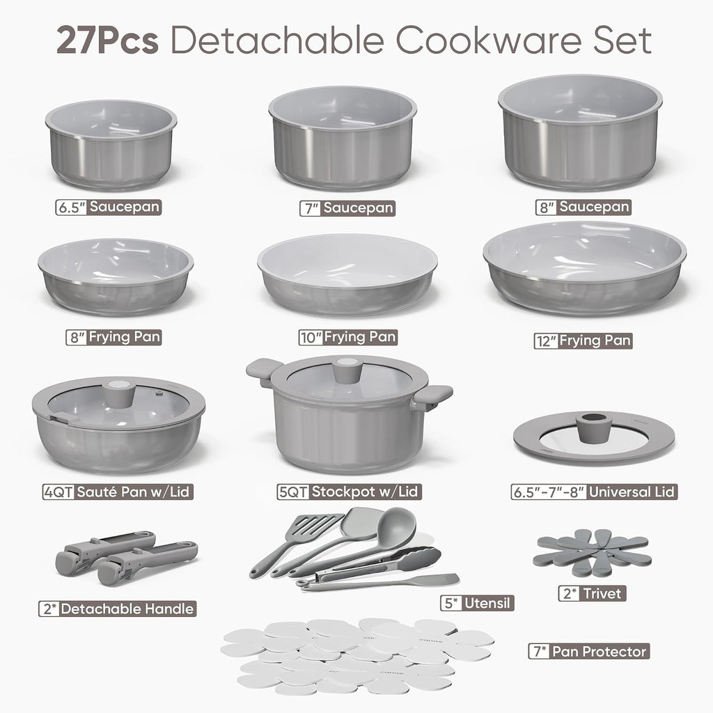 CAROTE 27pcs Ceramic Cookware Set, Pots and Pans Set with Detachable Handle