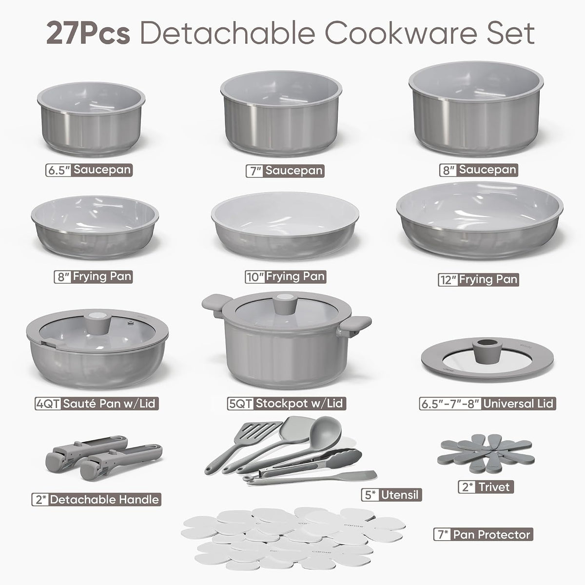 CAROTE 27pcs Ceramic Cookware Set, Pots and Pans Set with Detachable Handle