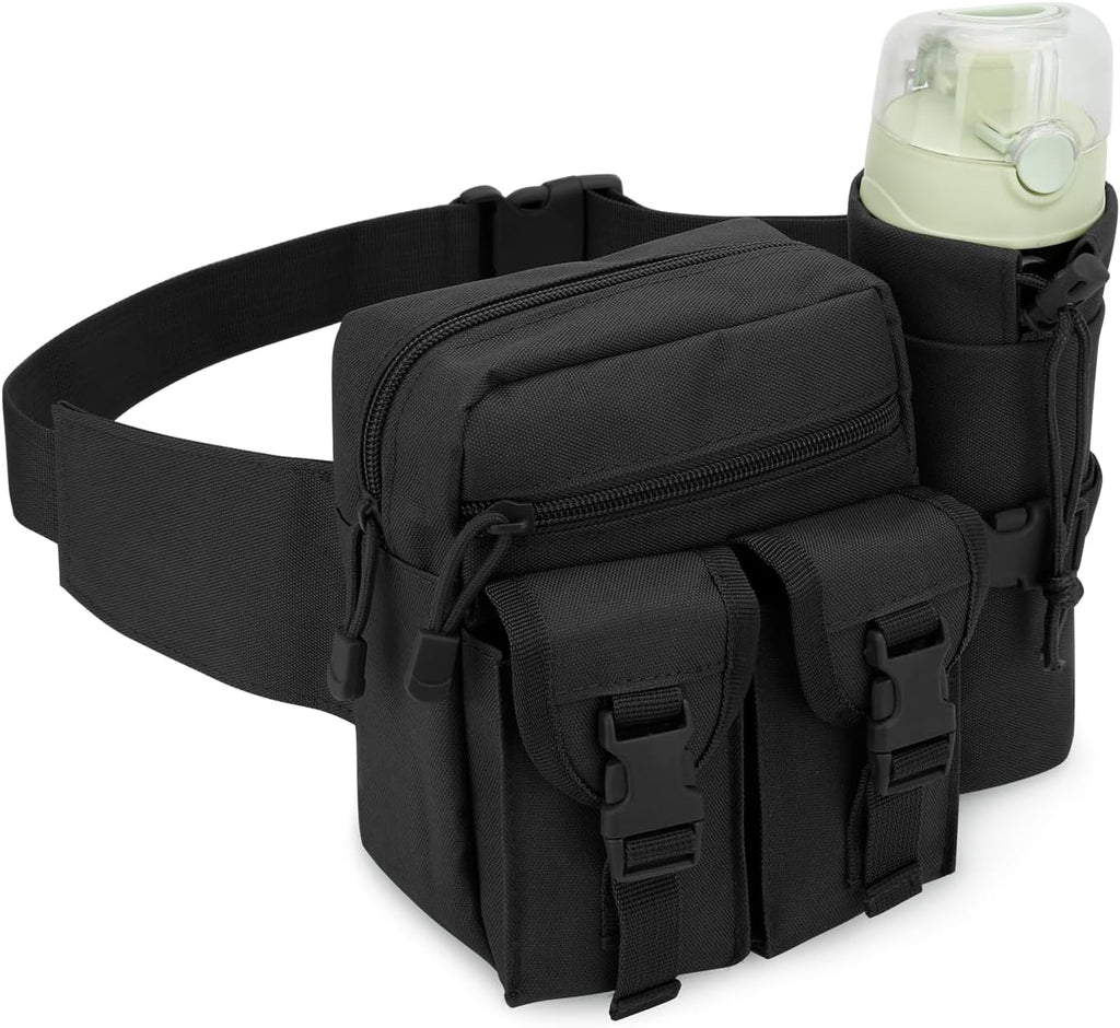 DOB SECHS Hiking Waist Bag with Detachable Water Bottle Holder and Adjustable Waist Belt Oxford Fanny Pack for Men Women Causal Belt Bag for Travel Outdoor Fishing Running Hiking Hunting,Black