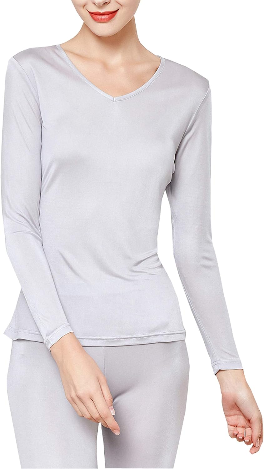 METWAY Women's Silk Long Johns V-Neck Pure Silk Thermal Underwear Sets for Winter Base Layer
